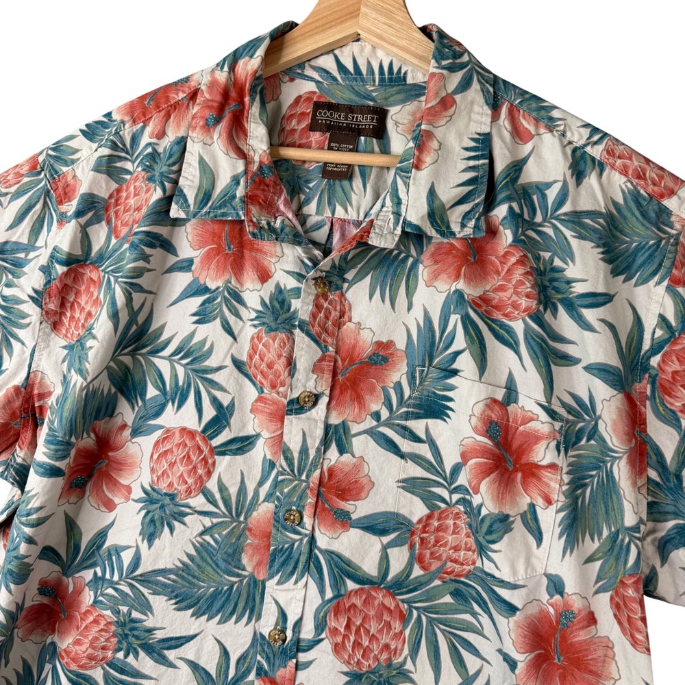 Cooke Street Hawaiian Islands Mens 2XL Cotton Pineapple Hibiscus Aloha Shirt